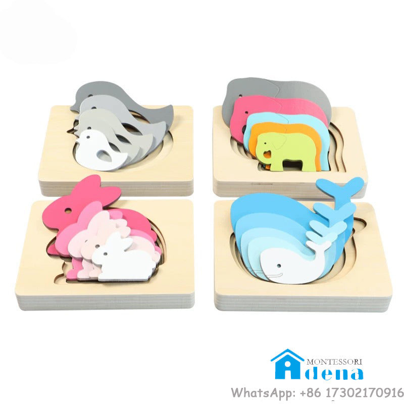 Gradient Layered Wooden Puzzles - Rabbit, Bird, Elephant, Whale