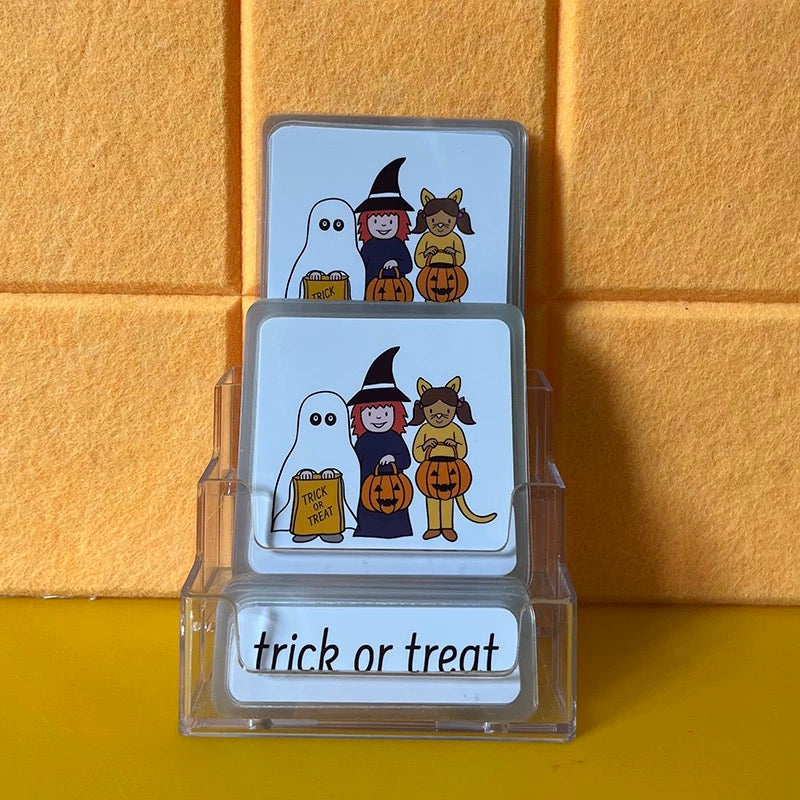 Tarjetas de tres partes con temática de Halloween y soporte