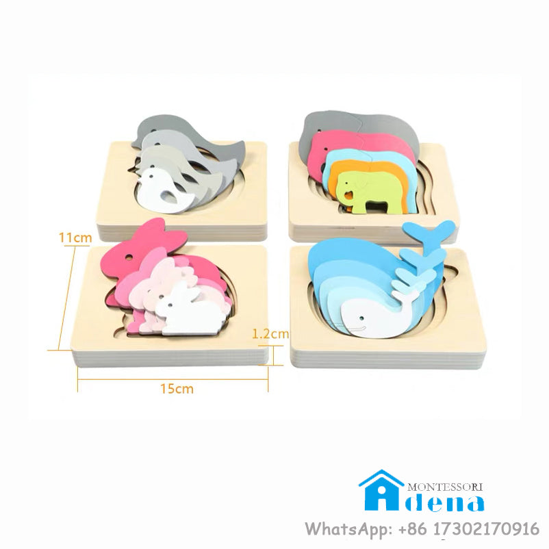 Gradient Layered Wooden Puzzles - Rabbit, Bird, Elephant, Whale