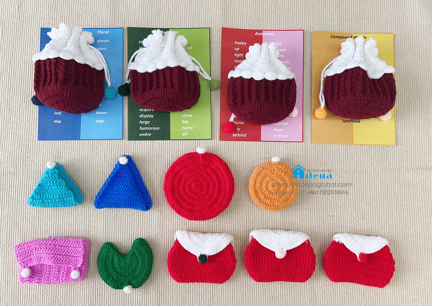 Bolsas de crochet educativas y hechas a mano con tarjetas de gramática