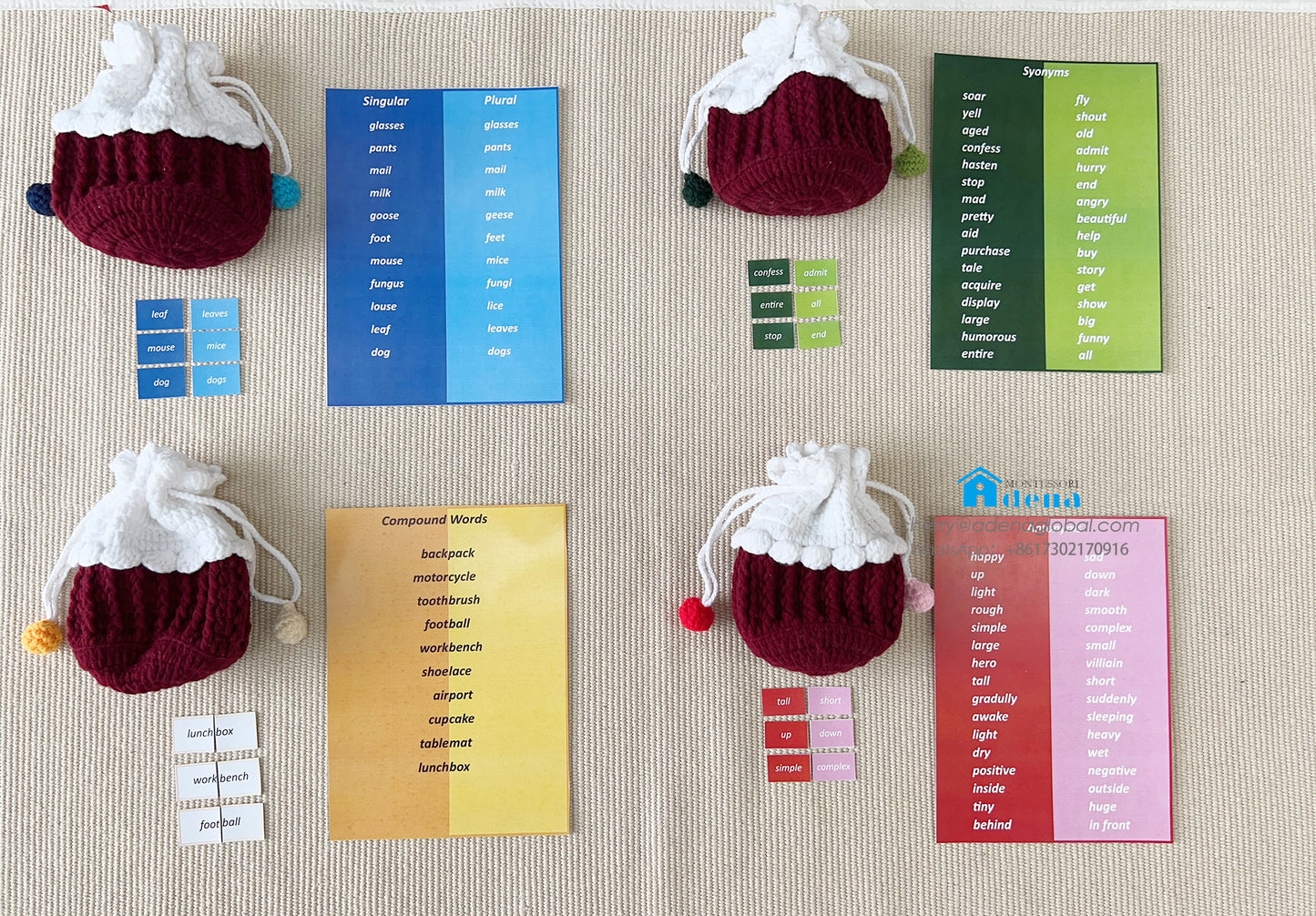 Bolsas de crochet educativas y hechas a mano con tarjetas de gramática