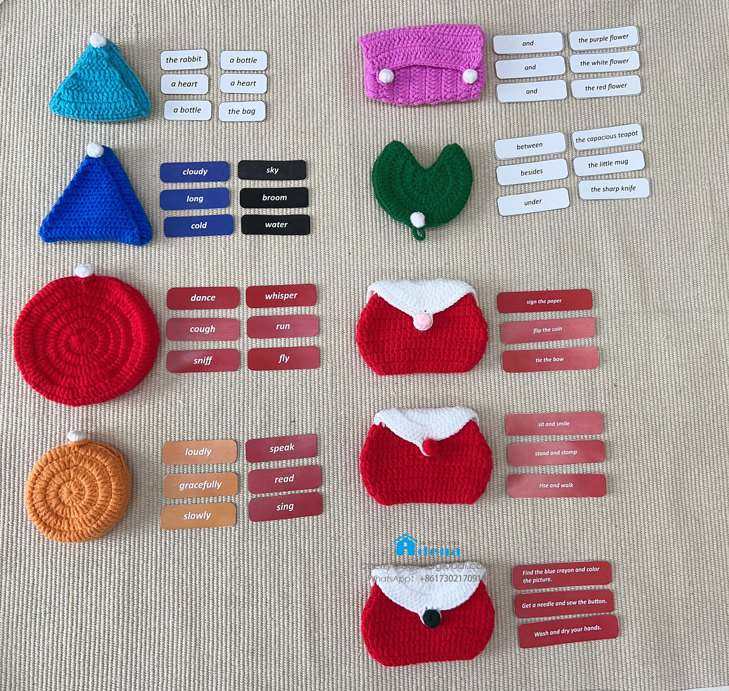 Bolsas de crochet educativas y hechas a mano con tarjetas de gramática